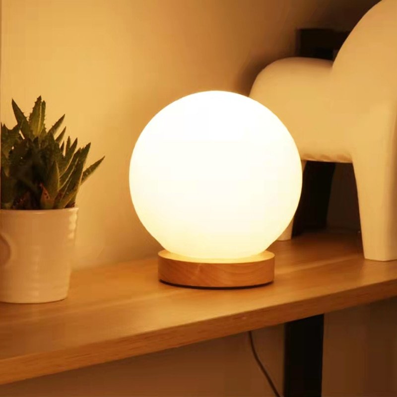 Simple White Glass Ball Table Lamp Nordic Bedroom Bedside Wooden base desk lamp Home Deco Desk LED Lighting Fixture 5