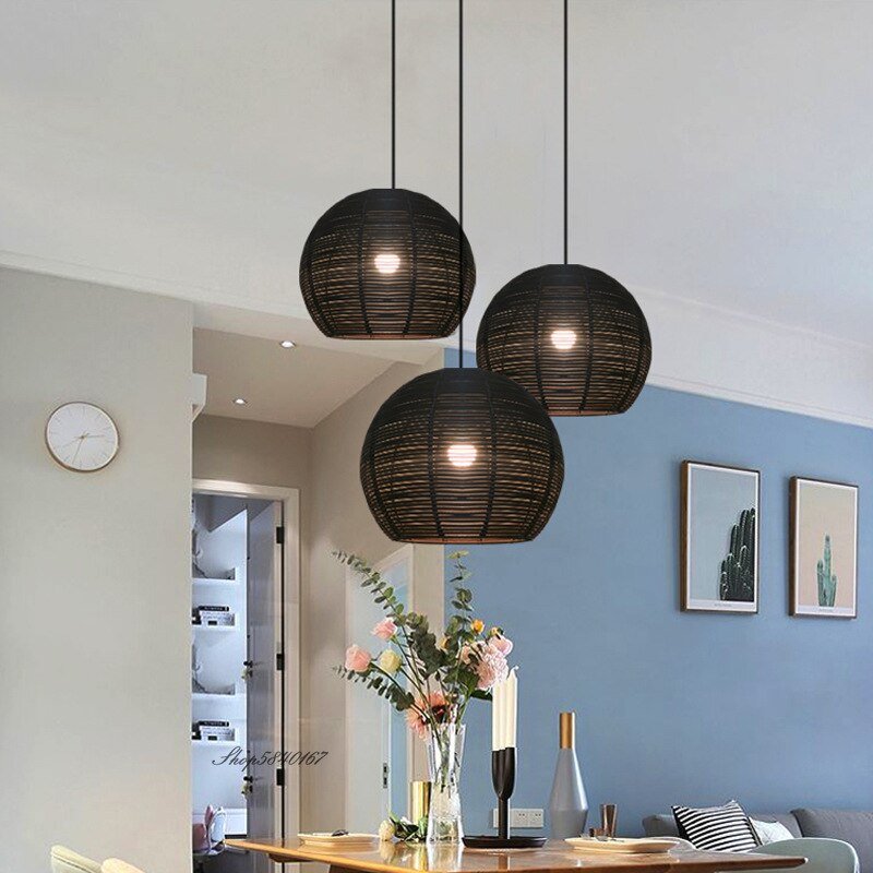 Minimalist Round Shade Pendant Lights Rattan Lamp Suspension Dining Room Kitchen Light Fixtures Black/Beige Lustre Home Lighting 4