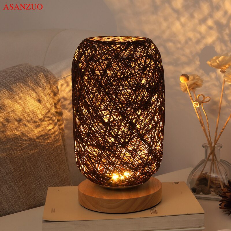 Nordic Wood Table Lamp Bedroom Bedside Lamps Art Decoration Desk lamp Rattan Twine Ball Lights 2