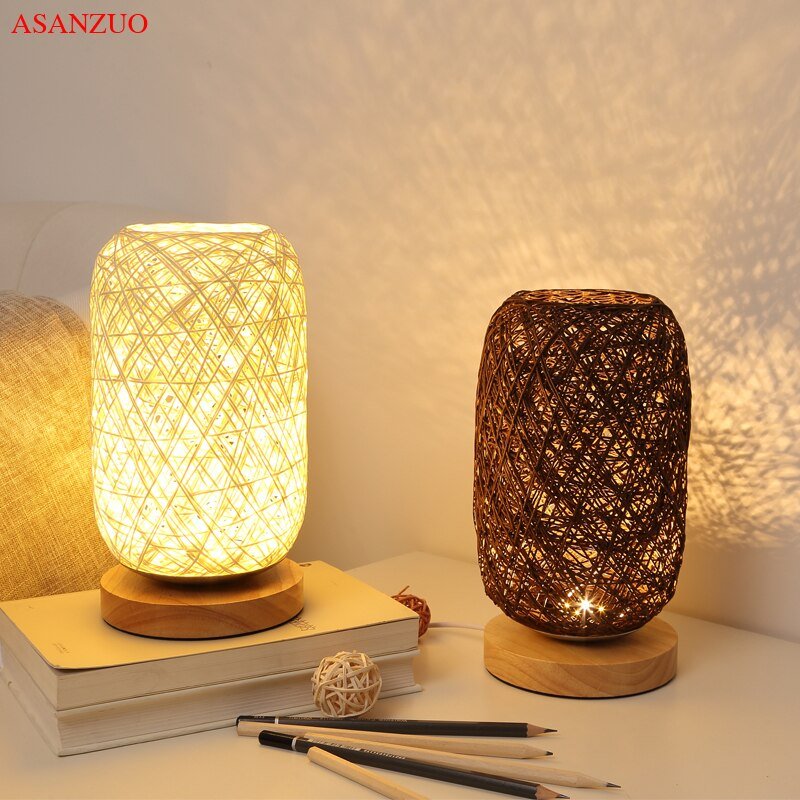 Nordic Wood Table Lamp Bedroom Bedside Lamps Art Decoration Desk lamp Rattan Twine Ball Lights 3