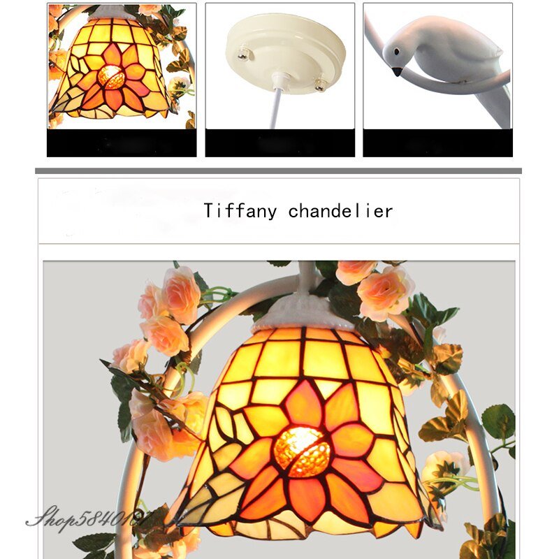 Tiffany Pendant Lamp Bird Lamp Artificial Plant Wreath Light Fixtures Hanging Lamps for Living Room Loft Restaurant Decoration 4