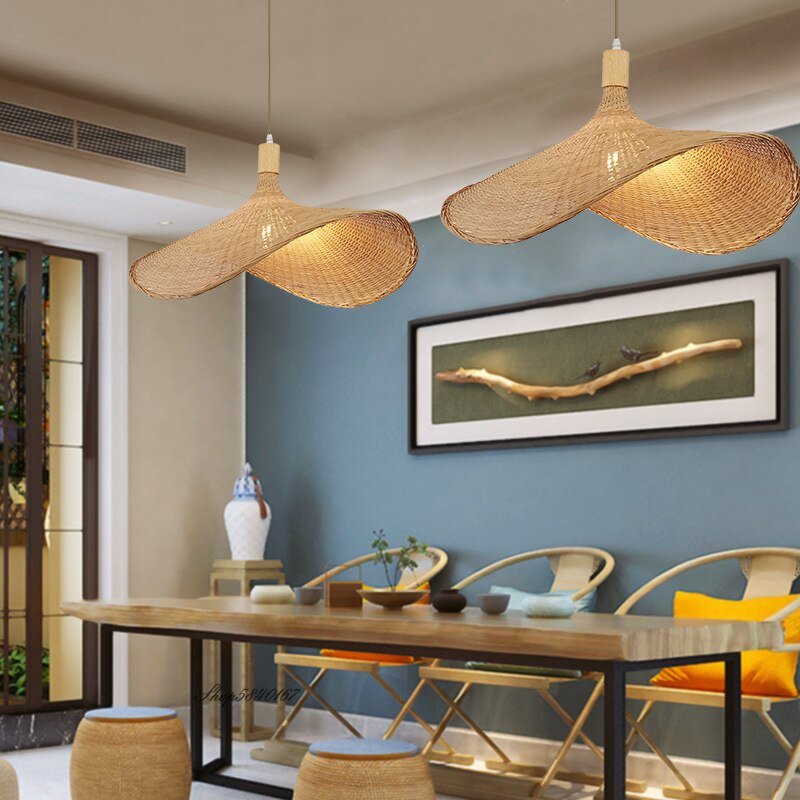 Bamboo Woven Straw Hat Pendant Lamp Creative Kitchen Island Pendant Lights Living Room Decoration Restaurant Suspension Lustre 2