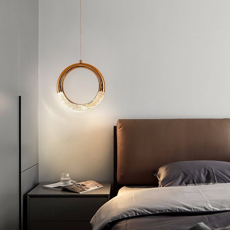 Modern LED Ring Pendant Lights Round Crystal Hanging Lamps Gold Bedside Lighting Decoration Bedroom Luxury Droplight 2