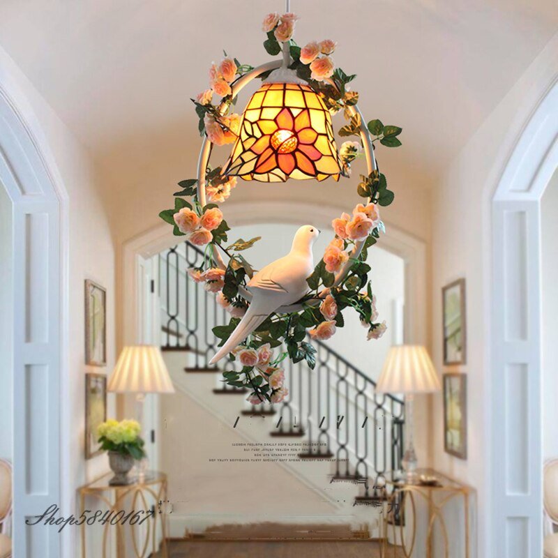 Tiffany Pendant Lamp Bird Lamp Artificial Plant Wreath Light Fixtures Hanging Lamps for Living Room Loft Restaurant Decoration 2