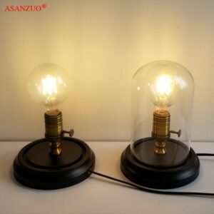 Loft Vintage Industrial Black Wood Desk Lamp Retro Edison Bulb Wooden Base LED Table Lights with switch or Glass lampshade 1