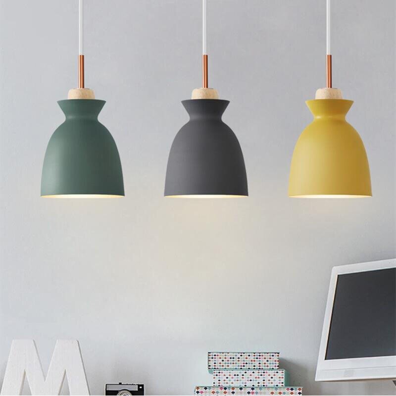 Fashion Colorful Wood Pendant Lights Lamparas Modern design Aluminium shade Luminaire Dining Room Light Macaron Pendant Lamp 4
