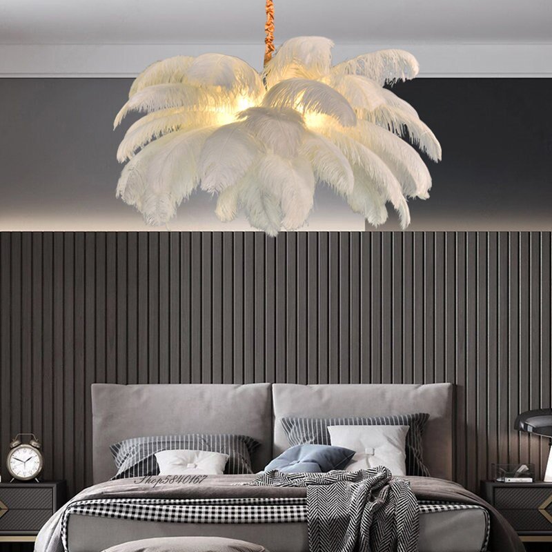 Modern Feather Pendant Lights Romantic Dining Room Restaurant Suspension Luminaire Ostrich Real Feathers Lamp Living Room Decor 6