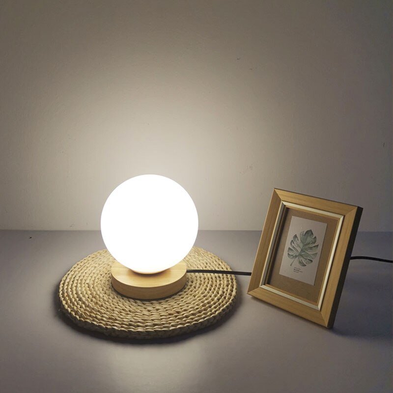 Simple White Glass Ball Table Lamp Nordic Bedroom Bedside Wooden base desk lamp Home Deco Desk LED Lighting Fixture 3