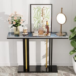 Contemporary Style Console Table with Stone Top and Pedestal Base for Hall Marble Slate Narrow Table Against The Wall Porch 1