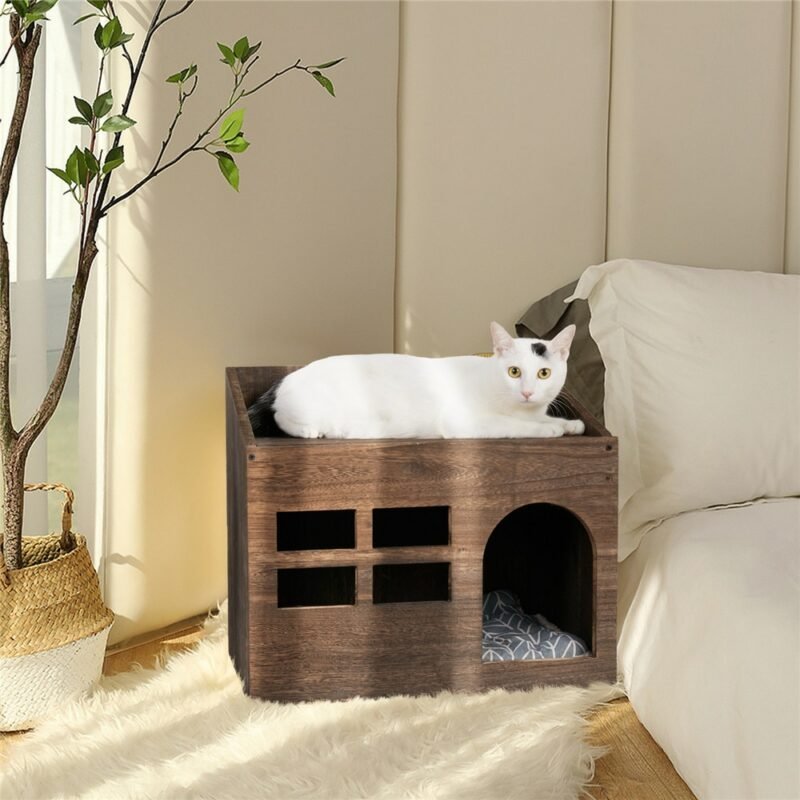 Durable Wooden Cat Cave Bed Furniture Kitten Sleep Lounge House Bed with Cushion Pad Litter Box for Indoor Cats 6