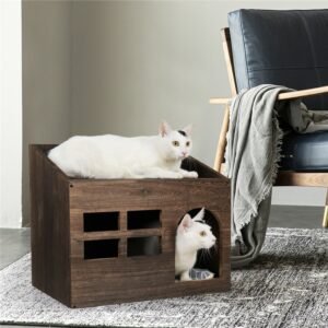 Durable Wooden Cat Cave Bed Furniture Kitten Sleep Lounge House Bed with Cushion Pad Litter Box for Indoor Cats 1