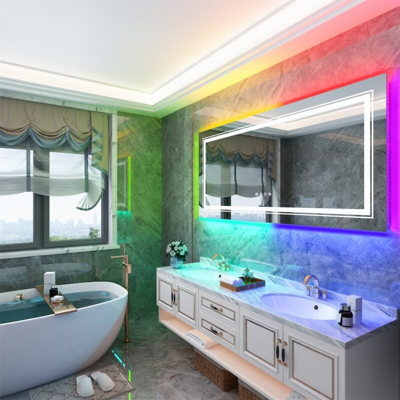 Large Bathroom LED Vanity Mirror RGB Color Changing Backlit Bathroom Mirror Shatterproof Dimmable Anti-Fog led Mirror 2