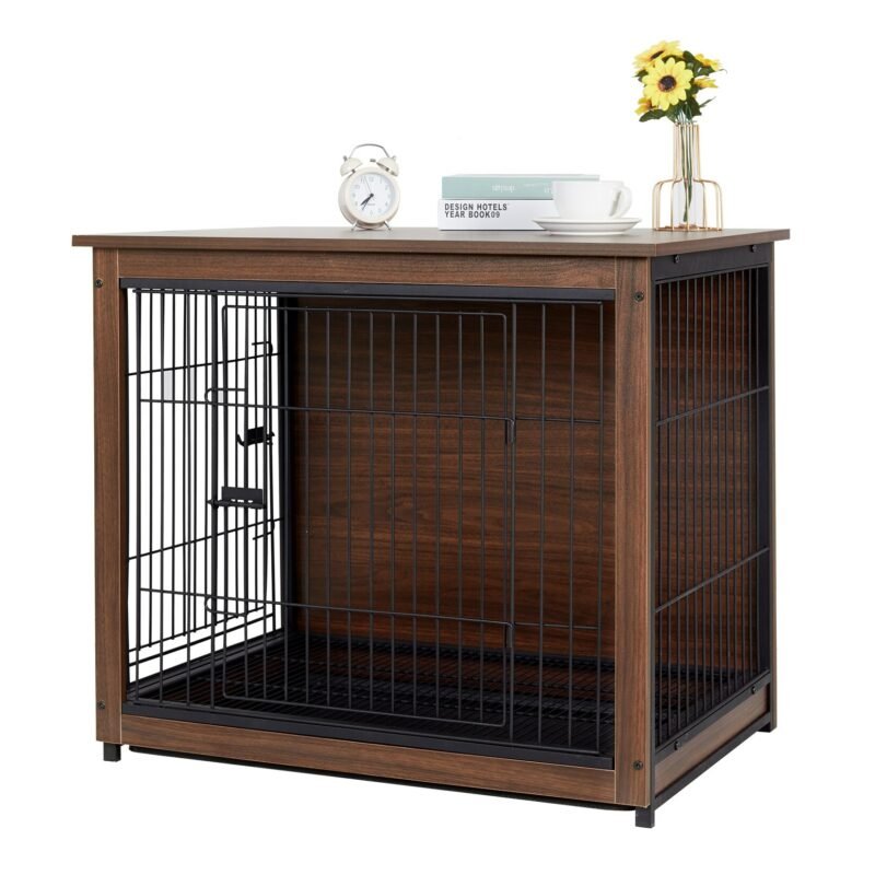 Dog Kennel Indoor Robust Wooden Cage Crate Pet House Dual Door Vintage End Table 2