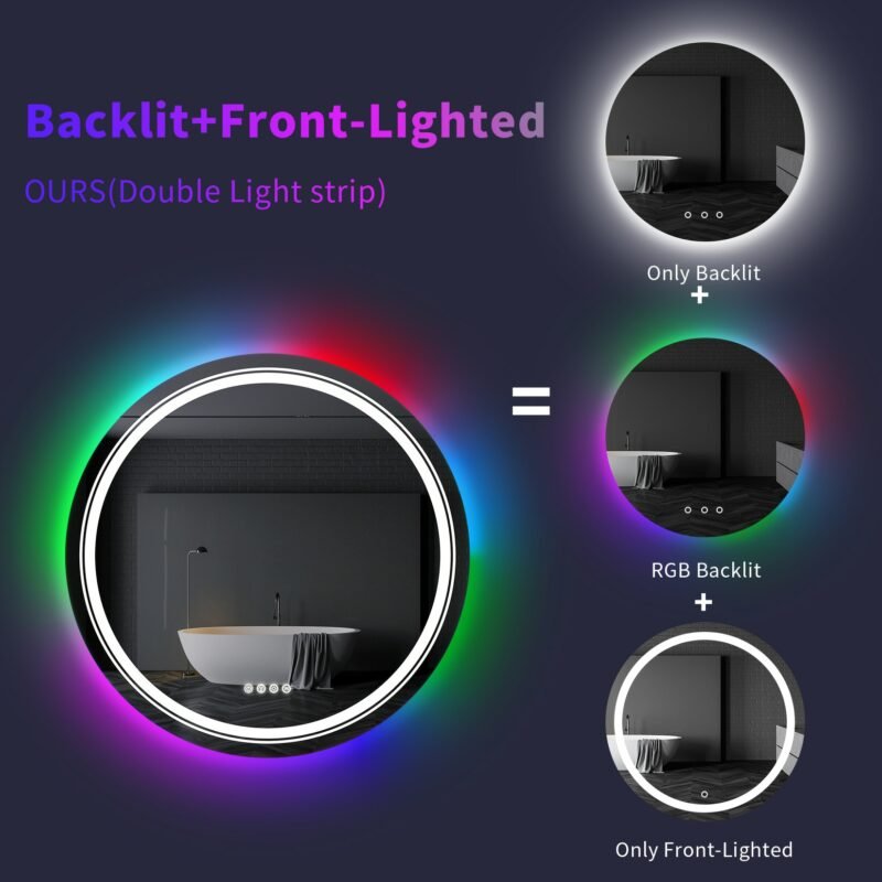 Large Round Lighted Bathroom Mirror RGB Color Changing LED Mirror Dimmable Anti-Fog Backlit Mirror RGB Multicolor Backlit 2