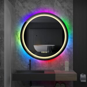 Large Round Lighted Bathroom Mirror RGB Color Changing LED Mirror Dimmable Anti-Fog Backlit Mirror RGB Multicolor Backlit 1