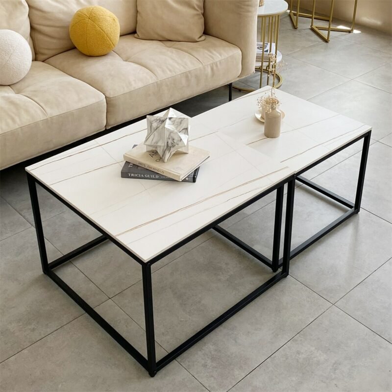 Modern Nesting Coffee Table Set of 2 for Living Room Center Office, Square Marble Cocktail Table with Stackable, White/Black 3