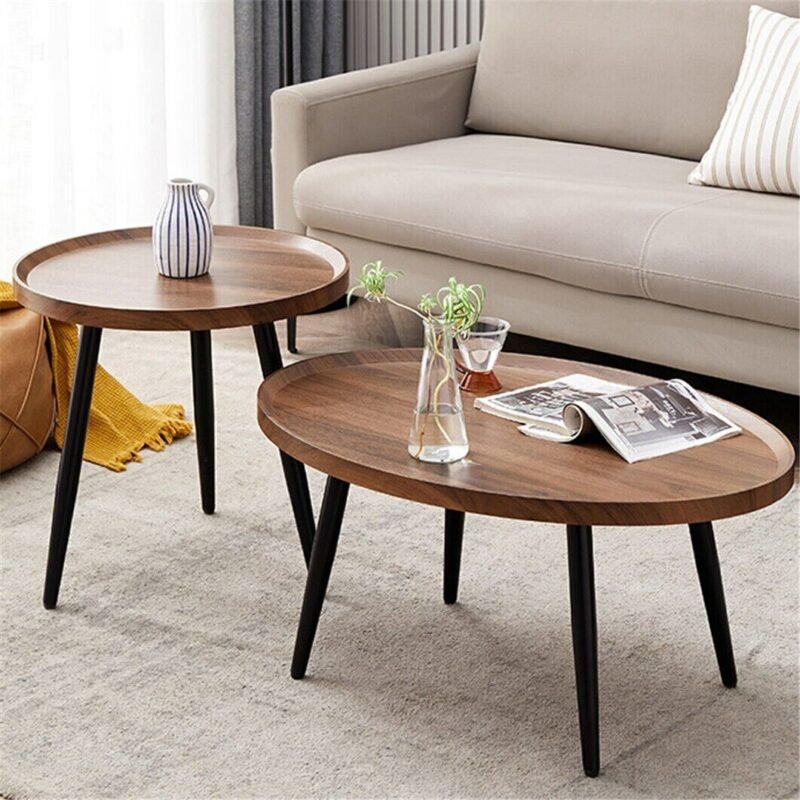 Round Coffee Table Set of 2 Rustic for Living Room Modern Nesting Tables for Balcony Office with Wood Table Top And Metal Legs 3