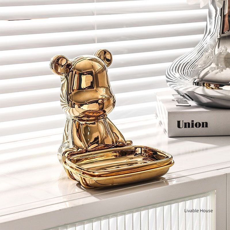 Light Luxury Bear Soap Box ceramics Bathroom Holder Dish golden Storage Drain Plate Tray Shower Supplies Gadgets 6