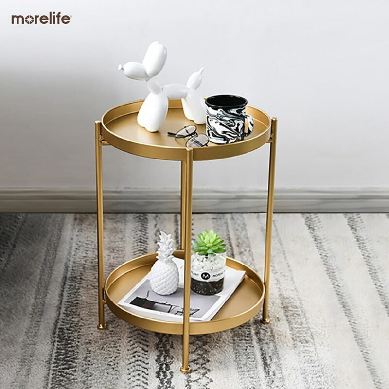 Nordic Simple Iron Double Layer Small Tea Table Corners Round Coffee Table Living Room Mini Sofa Side Table 4