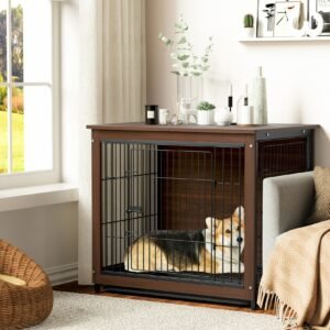 Dog Kennel Indoor Robust Wooden Cage Crate Pet House Dual Door Vintage End Table 1