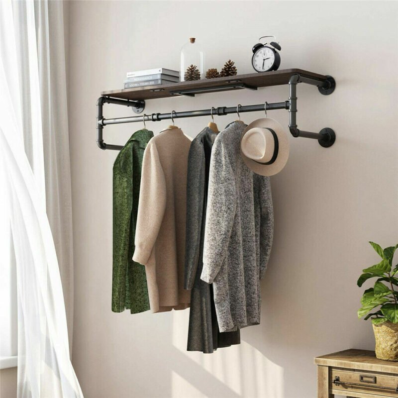 Industrial Pipe Clothing Rack Wall Mounted Wood Shelf Pipe Shelving Floating Shelves Retail Garment Rack Display Racks 6