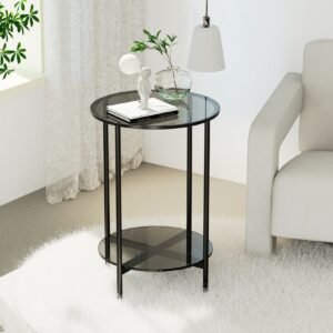 2-Tier Round Coffee Table Glass Simple Modern Center Table for Living Room Home, Sofa Side Table with Metal Steel Frame 1