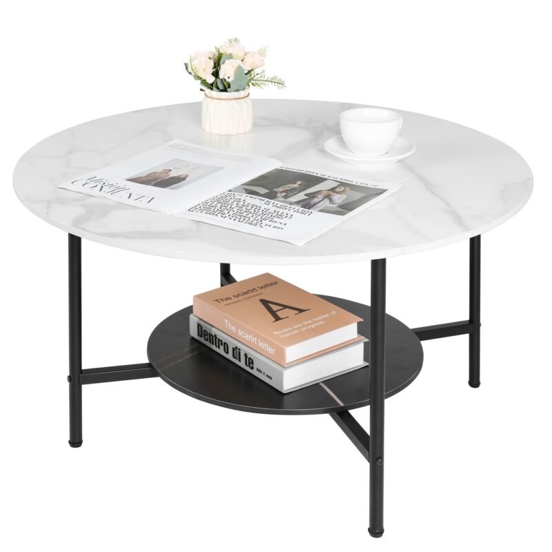 2 Tier Round Coffee Table Modern High End Sintered Stone Desk Home Furniture Table Metal Frame for Living Room, Bedroom 1