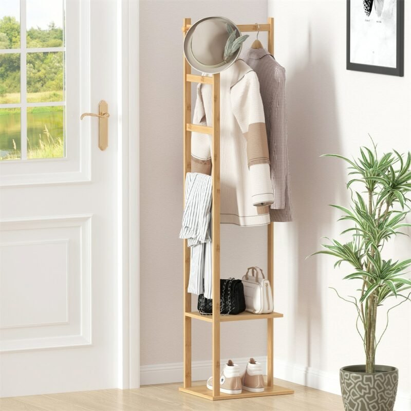 Coat Tree Solid Bamboo Freestanding Coat Rack with Storage Garments Corner Stand with Hooks for Home Bedroom 1