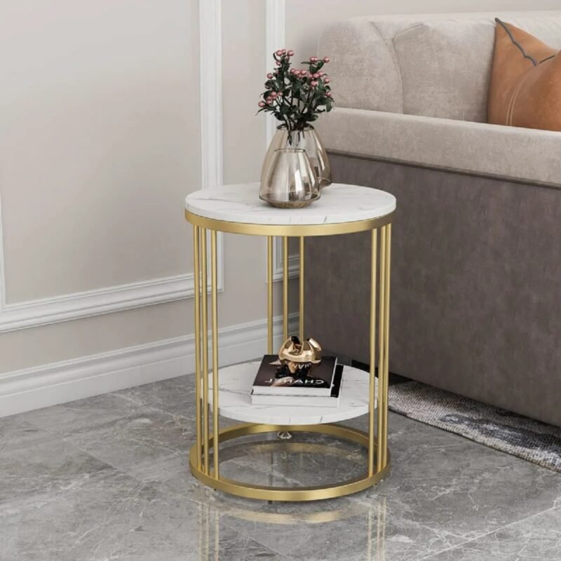 Round Marble Accent Table End 2 Tiers Storage Table Gold Metal Frame Nightstand for Living Room, Bedroom 1