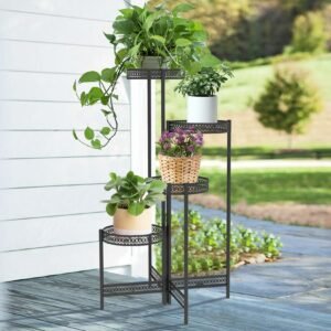 3/4 Tier Metal Plant Stand Indoor Black Tall Flower Pot Holder Display Rack Foldable for Patio Garden Living Room Corner Balcony 1