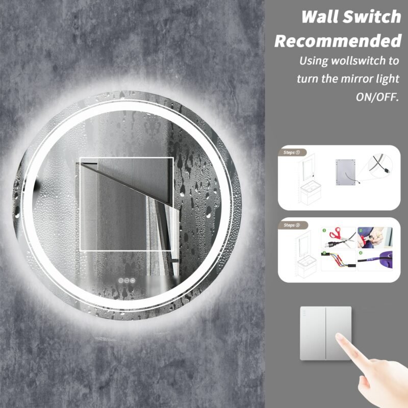 Large Round  LED Lighted Bathroom Mirror Wall Mount Vanity Frameless Backlit Touch Dimmer Switch Anti-Fog 3 Color 5
