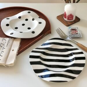 8inch Nordic Ceramic Plate Dot Stripe Irregular Wave Shape Ceramic Dessert Plate Pasta Plate Dinner Plates Ceramic Dish Plates 1