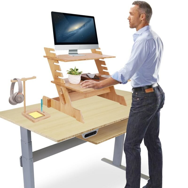 Bamboo Standing Computer Desk Monitor Stand Riser Stand Steady Up Adjustable Height Desktop Laptop Workstation Converter 1
