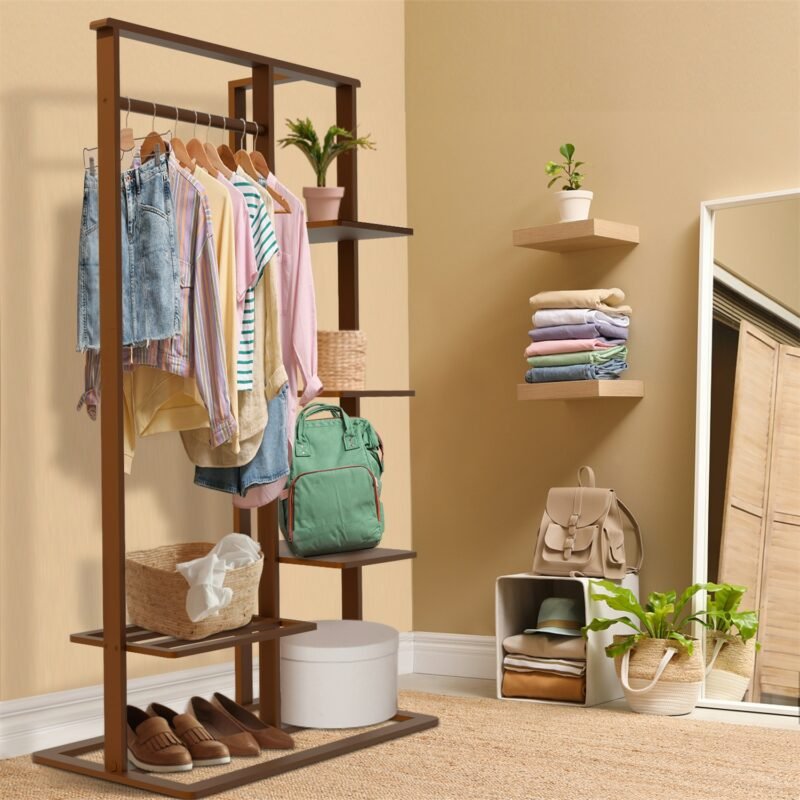 3-in-1 Bamboo Hall Tree, Clothes Rack with Shelves & Shoe Bench, Heavy Duty Clothes Organizer with hanging Rod 2
