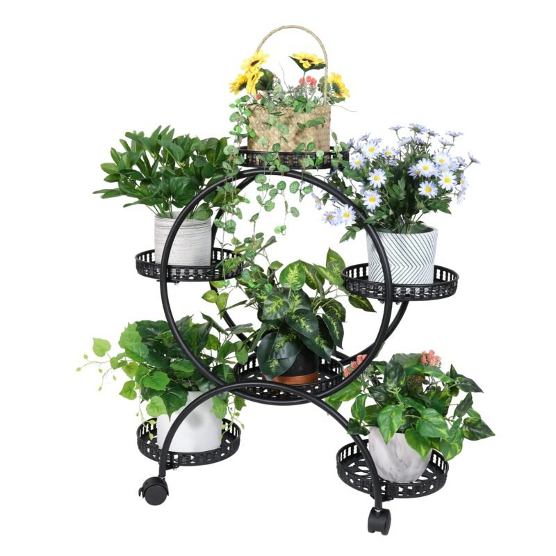 6 Pot Metal Plant Stand Multi-Layer Plant Holder Flower Pot Rack with Wheels for Garden Yard Indoor Outdoor 4