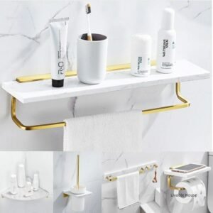 Bathroom Accessories Set Towel Hanger Paper Holder Brushed Gold Bathroom Shelf Towel Rack Brush Holder Marble Storage Rack 1