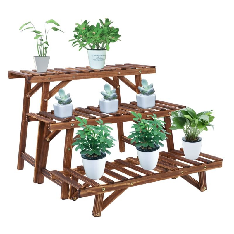3 Tier Freestanding Ladder Shelf Wood Plant Stand Indoor Outdoor Plant Display Rack Flower Pot Holder Planter Organizer 3