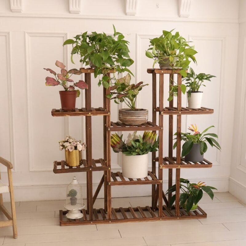 UNHO Multi-Tier Plant Stand, 46in Height Wood Flower Rack Holder 16 Potted Display Storage Shelves Indoor Outdoor for Patio Gard 4