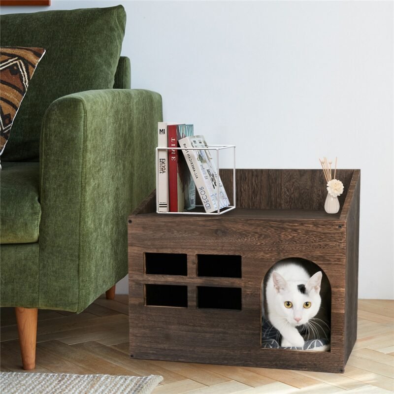 Durable Wooden Cat Cave Bed Furniture Kitten Sleep Lounge House Bed with Cushion Pad Litter Box for Indoor Cats 5