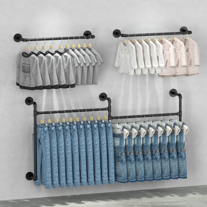Heavy Duty Industrial Pipe Clothes Rack Wall Mounted Black Iron Garment Bar Closet 4
