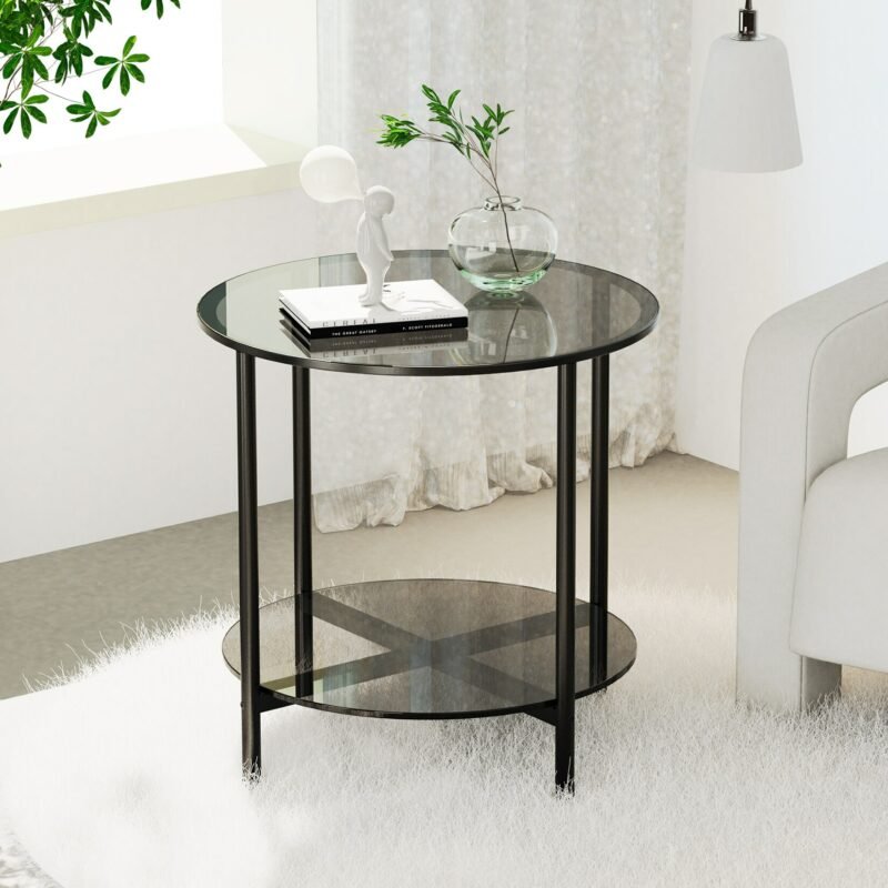 20” Round Coffee Table with Storage 2-Tier, Accent Table,Cocktail Table with Tempered Glass Top 5