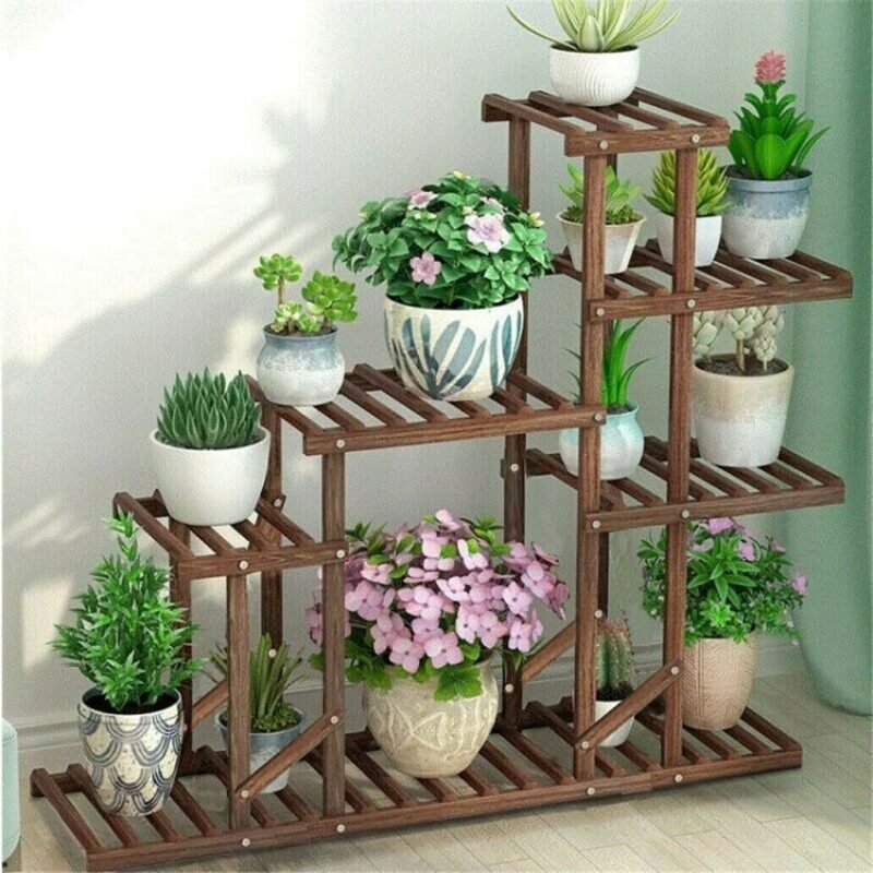 Wooden Plant Display Stand Flower Bonsai Pot Shelf Storage Rack Outdoor Indoor 6 Pots Holder 2