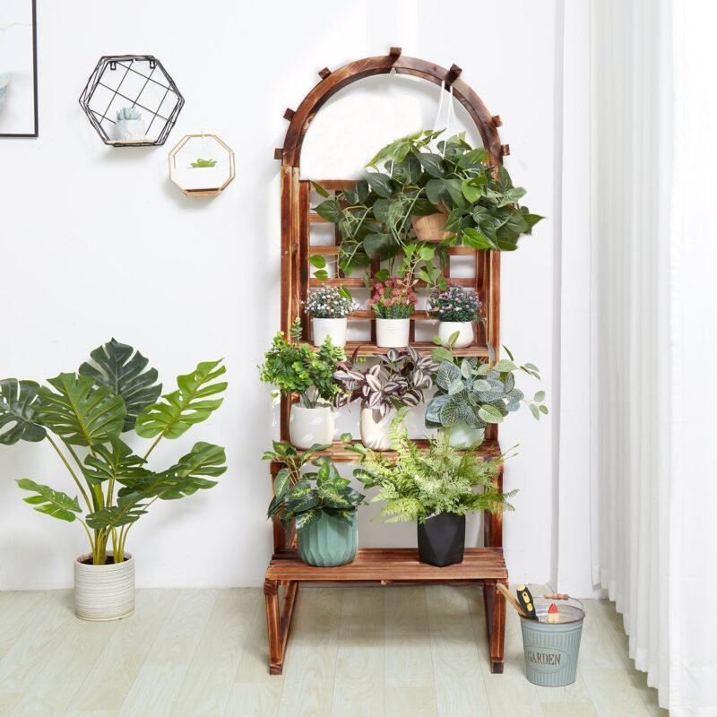 3 Tier Hanging Plant Stand, Indoor Outdoor Wood Plant Shelf with Flower Pot Organizer Plant Display Rack for Patio, Backyard 2