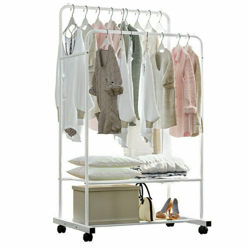 1.5m Large Clothes Rack Double Rail Rolling Stand Shoes Rack Storage Shelf White 3