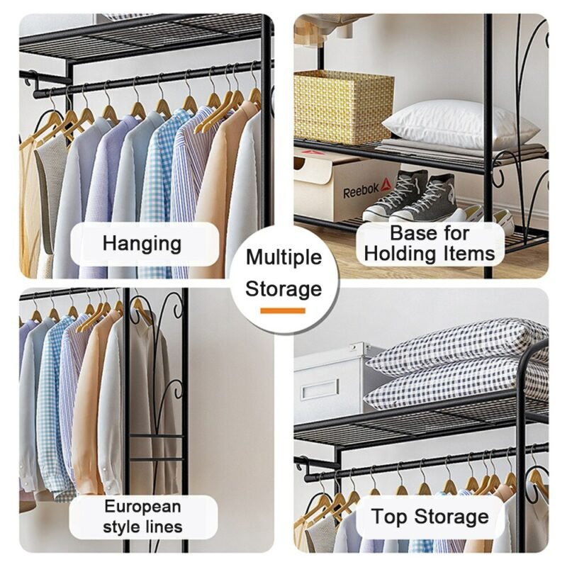 Heavy Duty Clothes Rail Clothes Rack Black Metal Garment Rack Stand for Bedroom with Storage Shelves 2 Shelf Shoe Rack 3