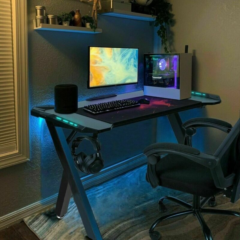 Gaming Desk PC Computer Gamer Desk Ergonomic Workstation with RGB LED Lights Headphone Hook Cup Holder for Home Offices 2