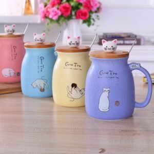 450ml Ceramic Cup Cartoon Cat Coffee Milk Breakfast With Wooden And Stainless Steel Spoon Gift Cup Set 2022 FULLOVE 1