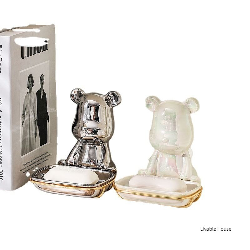 Light Luxury Bear Soap Box ceramics Bathroom Holder Dish golden Storage Drain Plate Tray Shower Supplies Gadgets 5