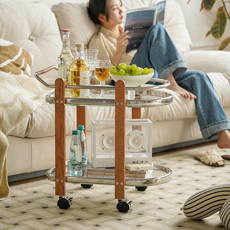 Middle-Ancient Glass Trolley Nordic Movable Sofa Side Table Household Living Room Simple Storage Rack with Roller 4