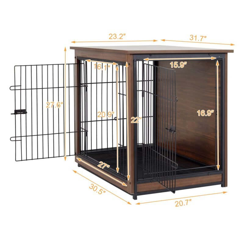 Dog Kennel Indoor Robust Wooden Cage Crate Pet House Dual Door Vintage End Table 6